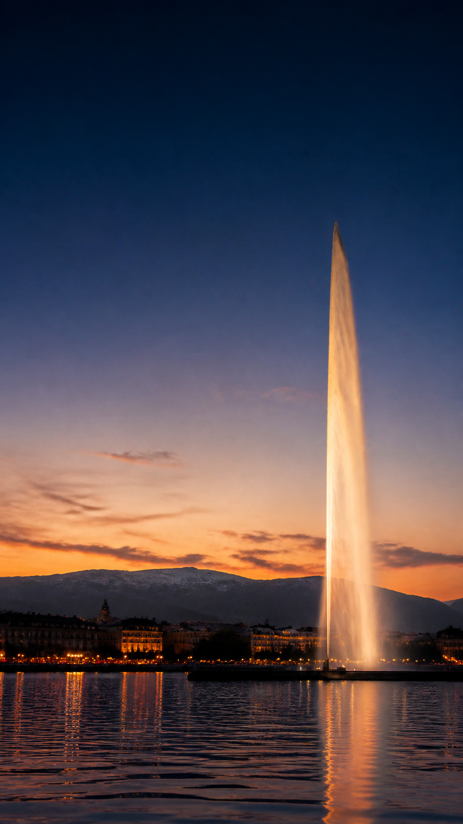 Jet d'eau de Genève au coucher du soleil