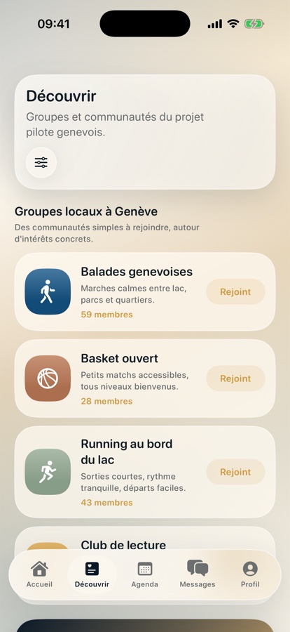 Écran Découvrir de Sima avec les groupes et communautés