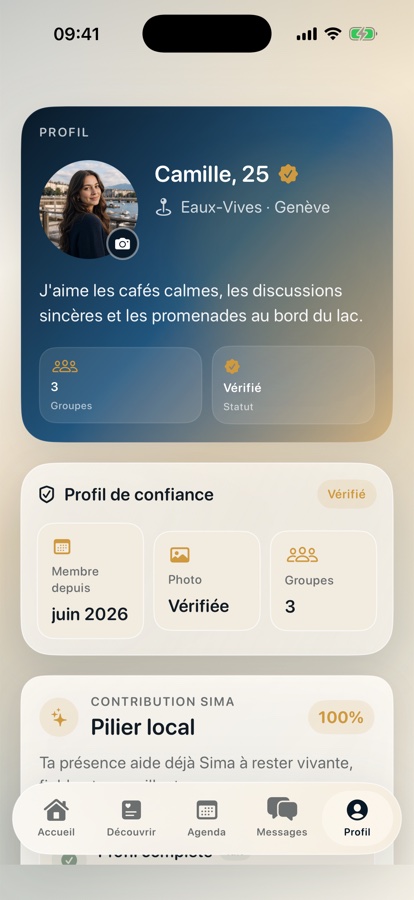 Écran Profil de Sima avec profil vérifié et groupes rejoints